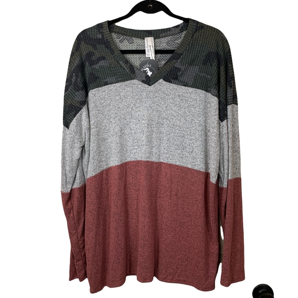 Grateful Hearts Camo color block sweater NWT multiple sizes
